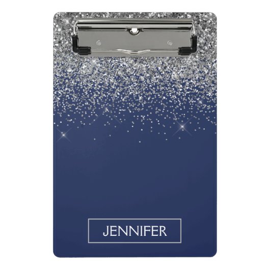 シルバー ネイビーブルー グリッター ガーリー モノグラム ネーム ミニクリップボード (正面)