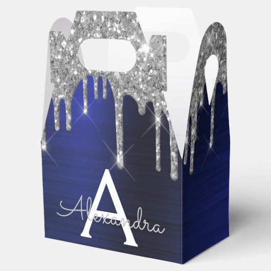 シルバー ネイビーブルー グリッター スパークル モノグラム ネーム フェイバーボックス (オープン)
