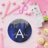 シルバー ネイビーブルー グリッター スパークル モノグラム ネーム ペーパープレート (パーティー)