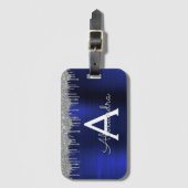 シルバー ネイビーブルー グリッター ブラシ メタル モノグラム ラゲッジタグ (正面縦)