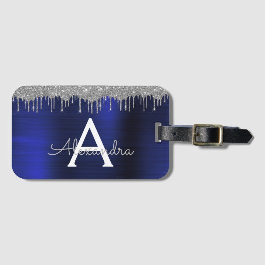 シルバー ネイビーブルー グリッター ブラシ メタル モノグラム ラゲッジタグ (正面横)