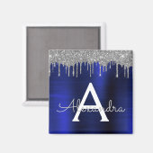 シルバー ネイビーブルー グリッター ブラッシュド メタル モノグラム マグネット (正面/裏面)