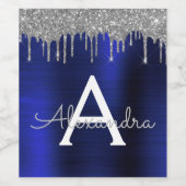 シルバー ネイビーブルー グリッター ブラッシュド メタル モノグラム ワインラベル (シングルラベル)