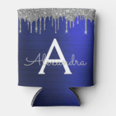 シルバー ネイビーブルー グリッター ブラッシュド メタル モノグラム 缶クーラー (正面)