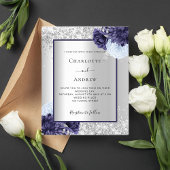 シルバー ネイビーブルー 花柄の格安結婚式招待状 チラシ