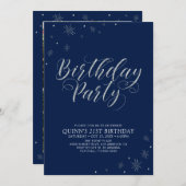 シルバー&ネイビーモダント写真大人誕生会 招待状 (正面/裏面)