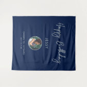 シルバー&ネイビー ハッピーバースデー フォト パーティー 背景 タペストリー (正面(横))