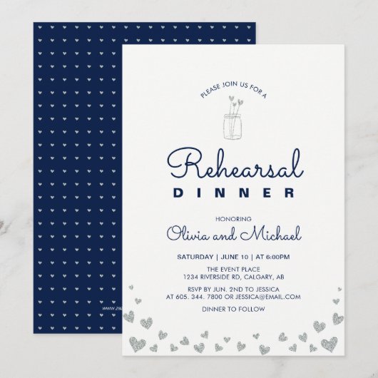 シルバー&ネイビー | ハートリハーサルディナー招待状 招待状 (正面/裏面)