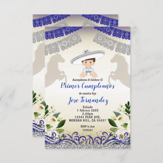 シルバー ネイビー 初めての誕生日 ウノ フィエスタ 誕生日 招待状 (正面/裏面)