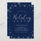 シルバー&ネイビー |雪モダン片ホリデーパーティー 招待状 (正面/裏面)
