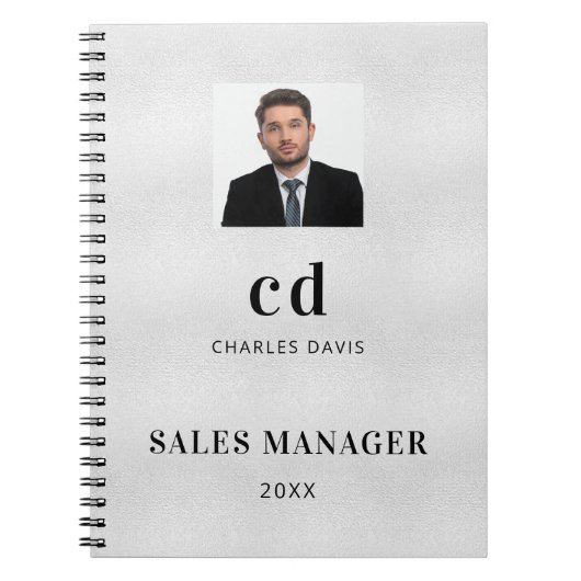 シルバー ネームイニシャル フォト ビジネス ノートブック (正面)