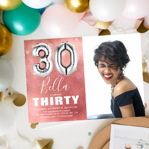 シルバー バルーン ピンク 写真 30歳の誕生日 招待状
