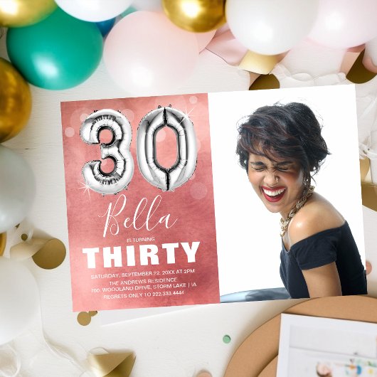 シルバー バルーン ピンク 写真 30歳の誕生日 招待状