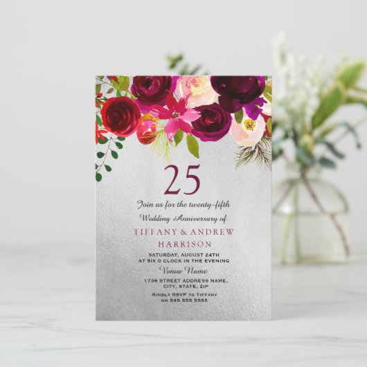 シルバー & バーガンディ フローラル 25周年結婚記念日 招待状 (スタンド正面)