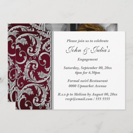 シルバー·バーガンディ·マルーン·フローラ旋回婚約 招待状 (正面/裏面)