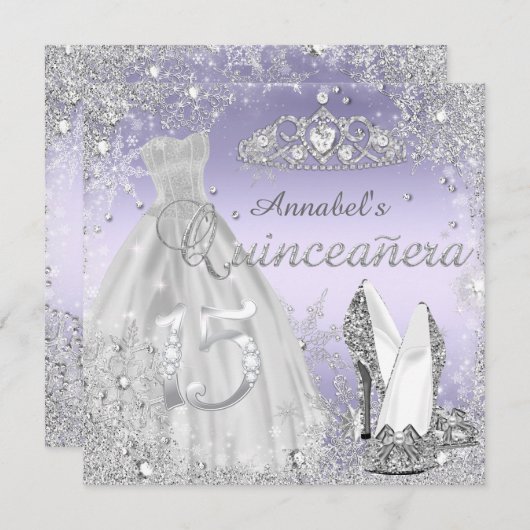 シルバー&パープルスパークルドレス&ティアラキンセアニェラ 招待状 (正面/裏面)