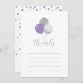シルバー&パープルバルーンパーティーお礼ノートカード サンキューカード (正面/裏面)