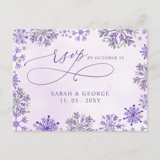 シルバー パープル スノーフレークス 冬の結婚式 RSVP ポストカード (正面)