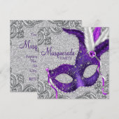 シルバー パープル ピンクのマスカレードパーティー 招待状 (正面/裏面)