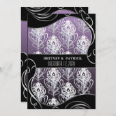 シルバー パープル ペコック フェザー ウェディング 招待状 (正面/裏面)
