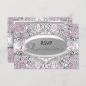 シルバー＆ピンクのダマスクパール キンチェアネラの返信 招待状 (正面/裏面)