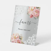 シルバー ピンクの花のレースのゲストお土産サイン 台座サイン (正面)