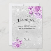 シルバー ピンクの花の感謝カード 招待状 (正面)