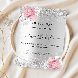 シルバー ピンクの花の結婚式のSave the Dateカード