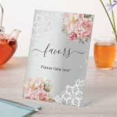 シルバー ピンクの花模様のレースのゲストお土産サイン 台座サイン (インサイチュ)