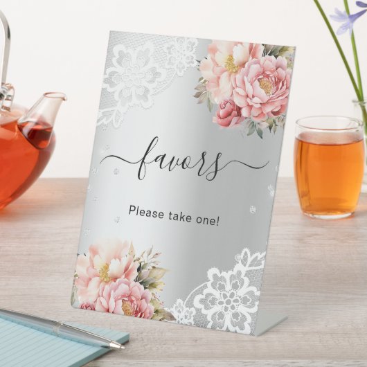 シルバー ピンクの花模様のレースのゲストお土産サイン 台座サイン (インサイチュ)