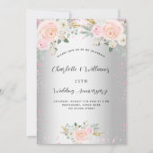 シルバー ピンクの花 25周年記念結婚式 招待状 (正面)