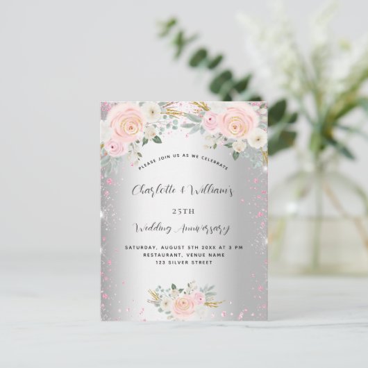 シルバー ピンクの花 25周年記念 インビテーションポストカード (スタンド正面)