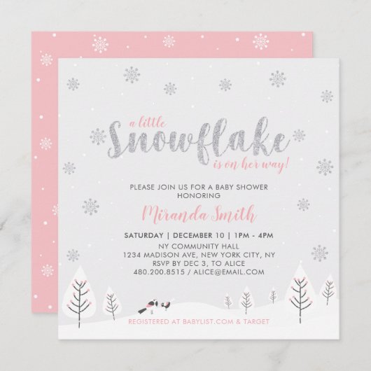 シルバー&ピンクウィンターワンダーランドガールベビーシャワー 招待状 (正面/裏面)