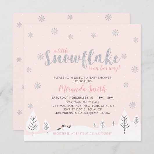 シルバー&ピンクウィンターワンダーランドガールベビーシャワーI 招待状 (正面/裏面)