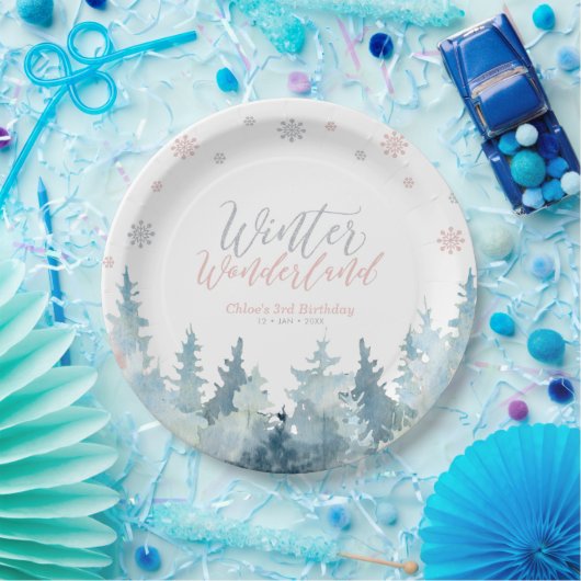 シルバー&ピンクウィンターワンダーランドスノーフレーク誕生日 ペーパープレート (パーティー)
