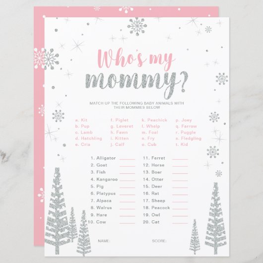 シルバー&ピンクウィンターワンダーランド赤ちゃんシャワーゲーム (正面/裏面)