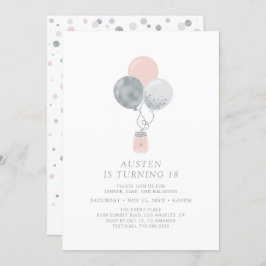 シルバー&ピンクバルーンモダン18thバースデーパーティー 招待状