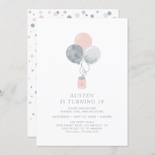 シルバー&ピンクバルーンモダン18thバースデーパーティー 招待状