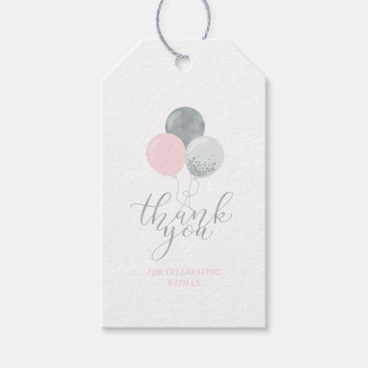 シルバー&ピンクバルーン |パーティーありがとうメッセージカード ギフトタグ (正面)