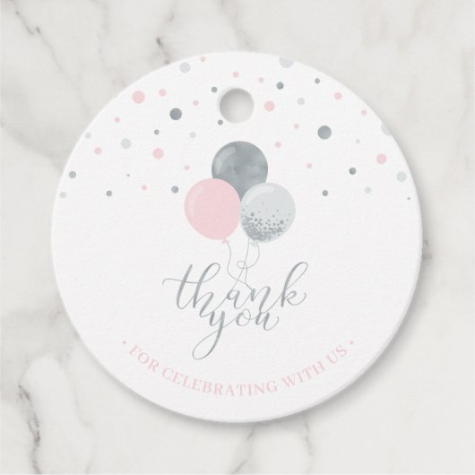 シルバー&ピンクバルーン |パーティーありがとうメッセージカード フェイバータグ (正面)