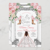シルバー&ピンクフローラチャラキンセアニェラ誕生日 招待状 (正面/裏面)