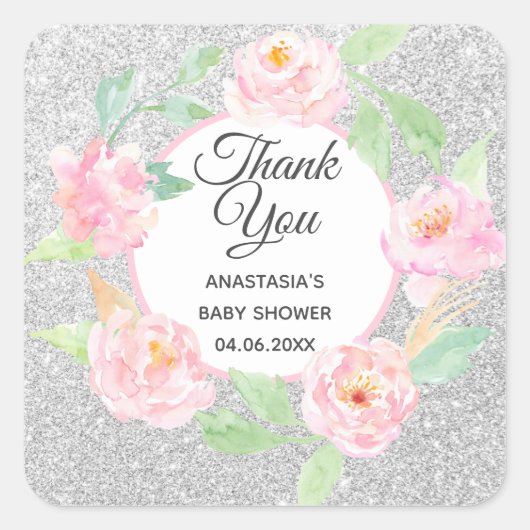 シルバー&ピンクフローラリースサンキューベイビーシャワー スクエアシール (正面)