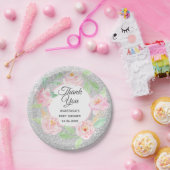 シルバー&ピンクフローラリースサンキューベイビーシャワー ペーパープレート (パーティー)