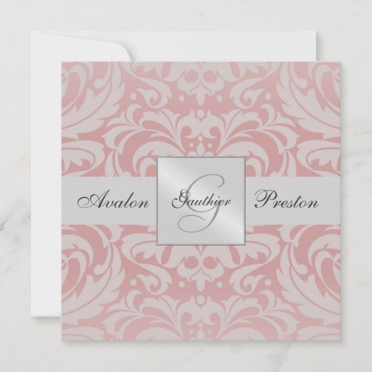 シルバー&ピンクモノグラムダマスクウェディング招待状 招待状 (正面)