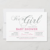 シルバー＆ピンク | ガール, チック タイポグラフィー ベビーシャワー 招待状 (正面)