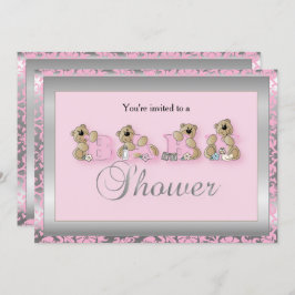 シルバー&ピンク·ダマスク·テディベアーズ|ベビーシャワー 招待状