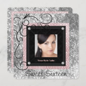 シルバー ピンク ブラック ダマスク スイート 16 招待状 (正面/裏面)