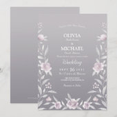 シルバー ピンク 水彩 花 チャイナペイント 結婚式 招待状 (正面/裏面)