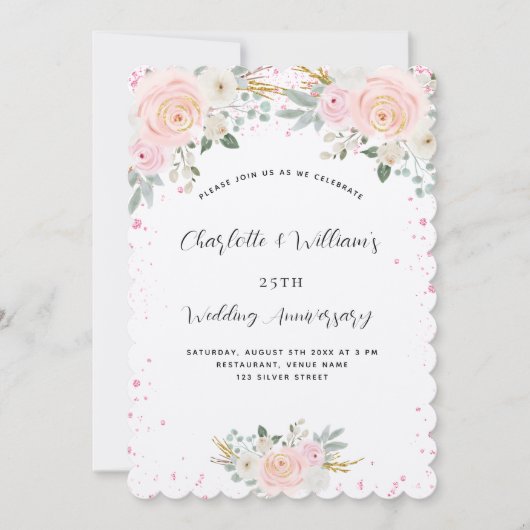 シルバー ピンク 花 25周年 豪華 招待状 (正面)
