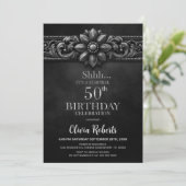 シルバー フラワー ブラック サプライズ 50歳の誕生日パーティー 招待状 (スタンド正面)